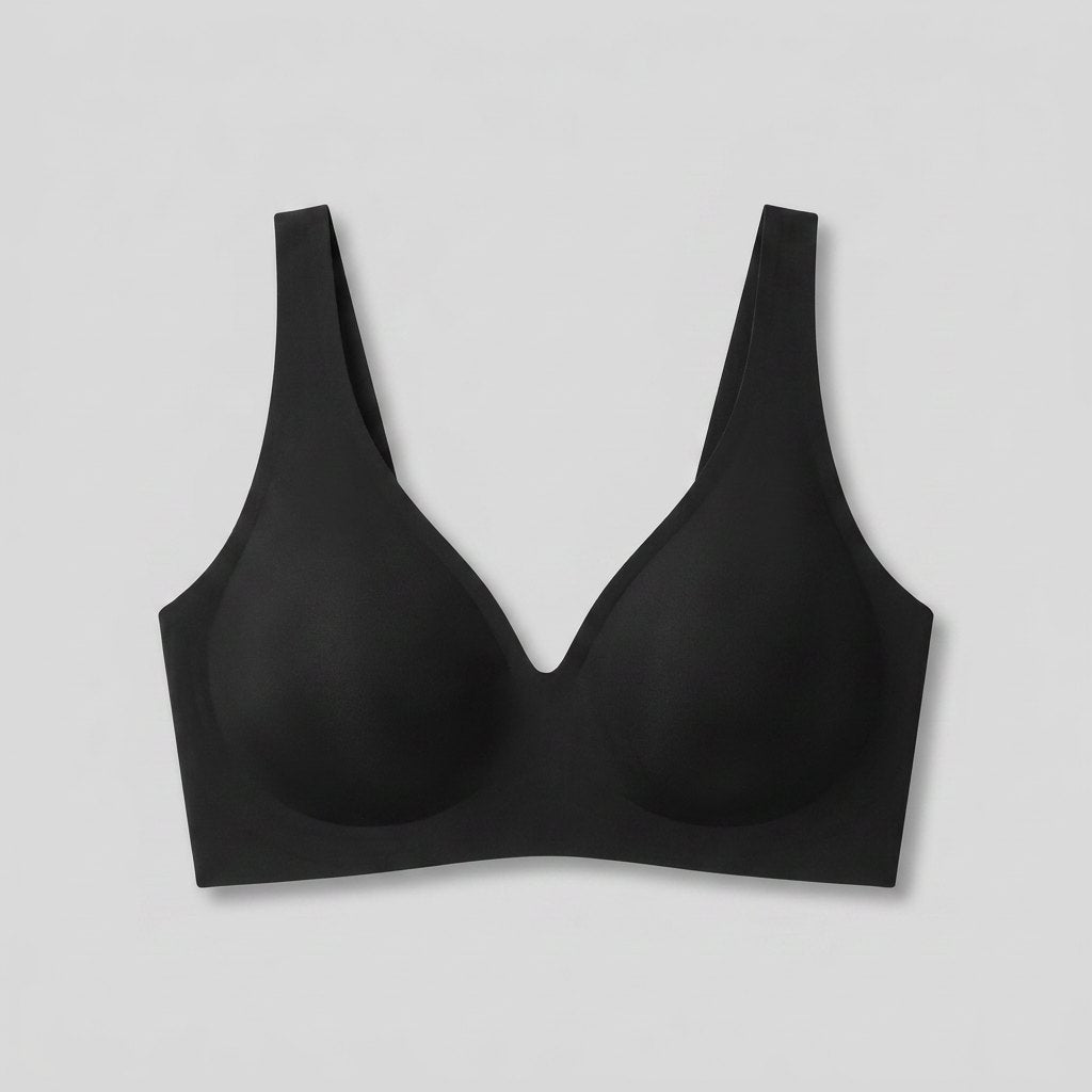 Black wireless seamless plunge bra, front view