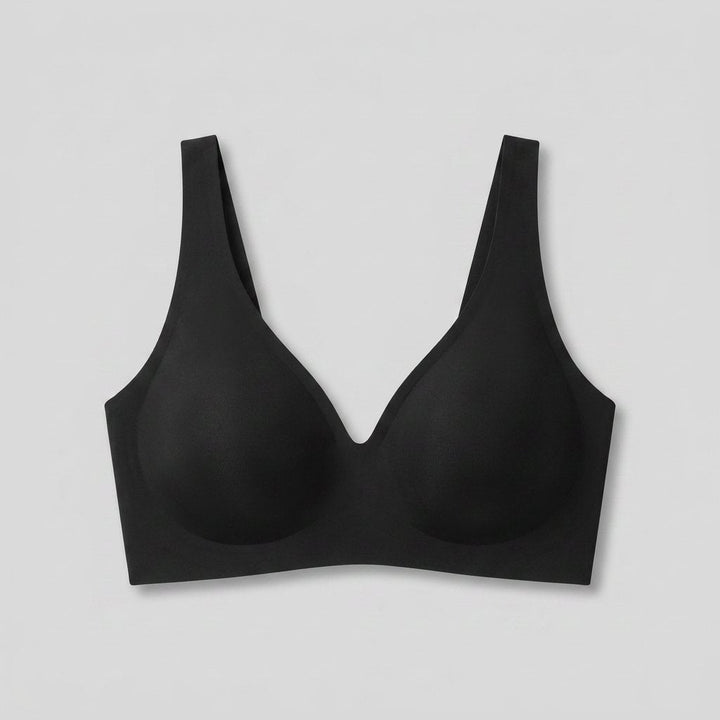 Black wireless seamless plunge bra, front view