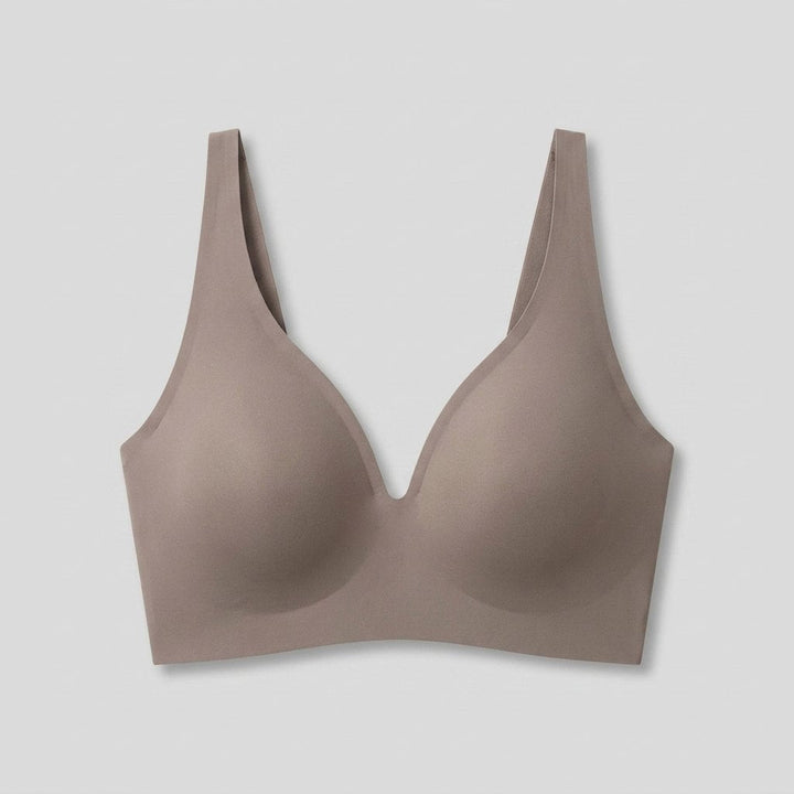 Grey wireless seamless plunge bra, front view