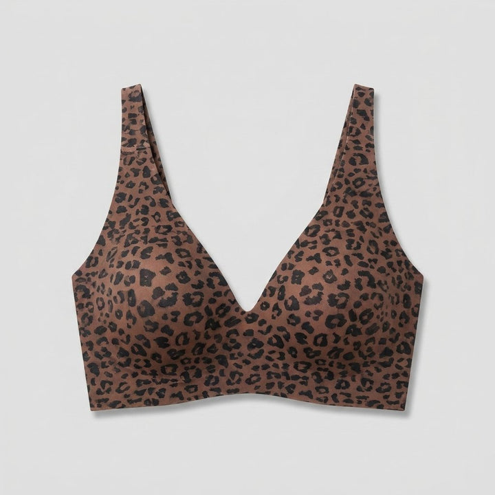Leopard print wireless seamless plunge bra, front view