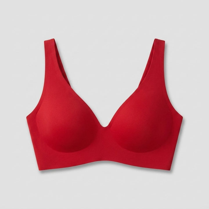 Red wireless seamless plunge bra, front view