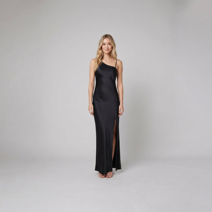 Octavia black satin open-back maxi dress on model