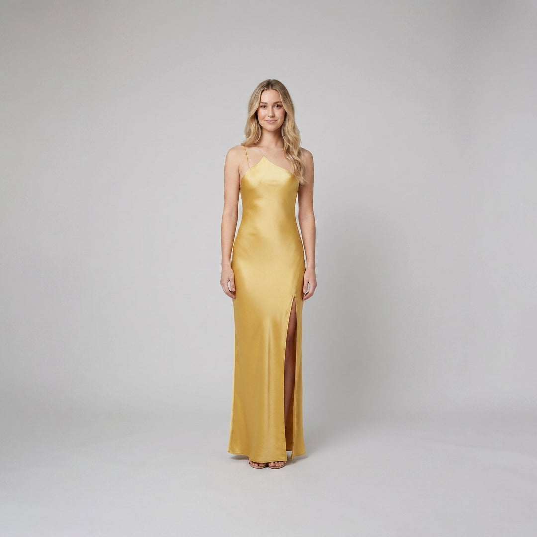 Octavia yellow satin open-back maxi dress on model