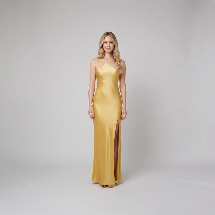 Octavia yellow satin open-back maxi dress on model