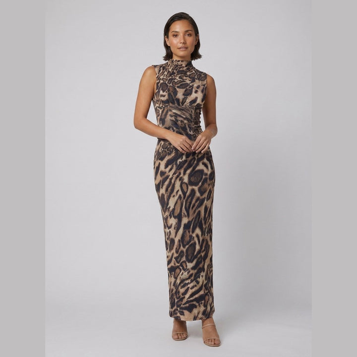 Odalie leopard print dress in brown, back and side view on model