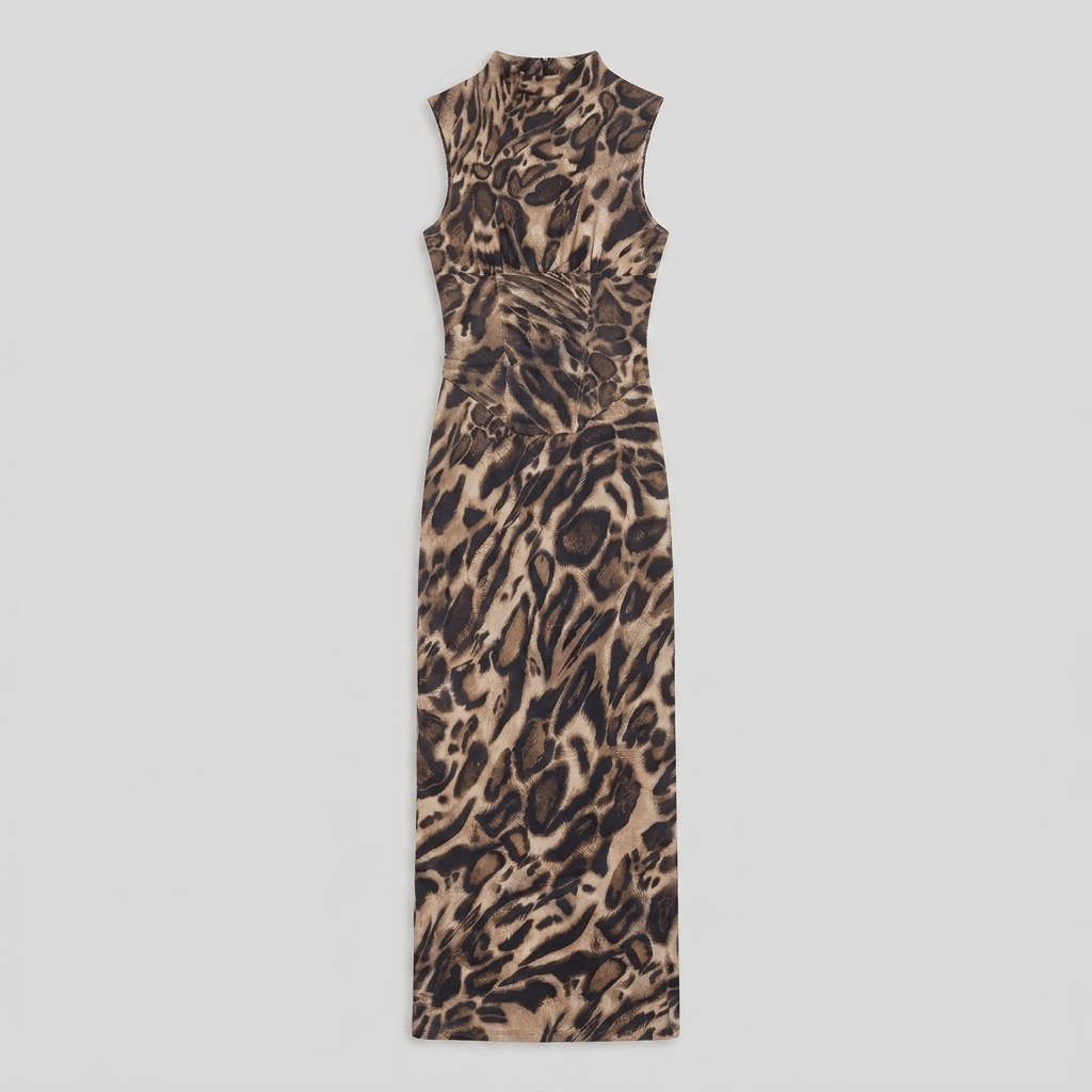 Odalie leopard print dress in brown twill, flat-lay product shot