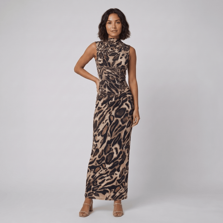 Odalie leopard print dress in brown, front view on model