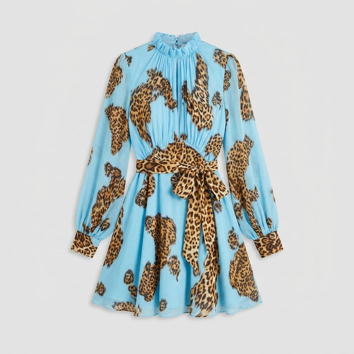 Odile sky blue leopard chiffon mini dress product flat lay