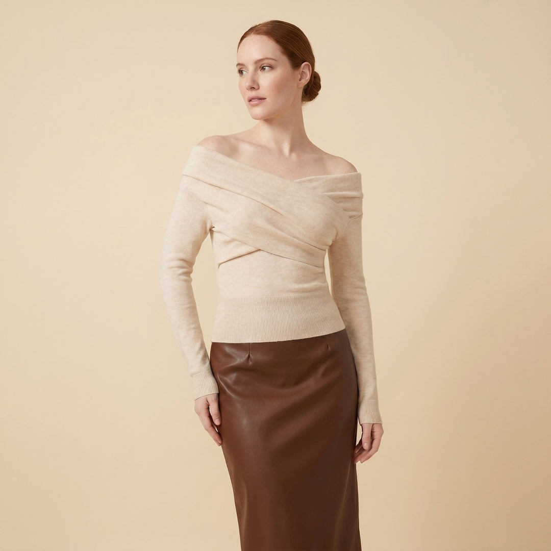 Olea off-shoulder knit top in apricot on female model