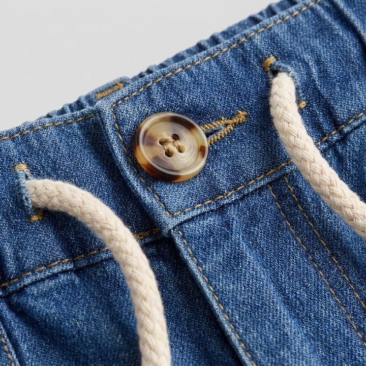 Olivia denim fabric button and drawstring detail
