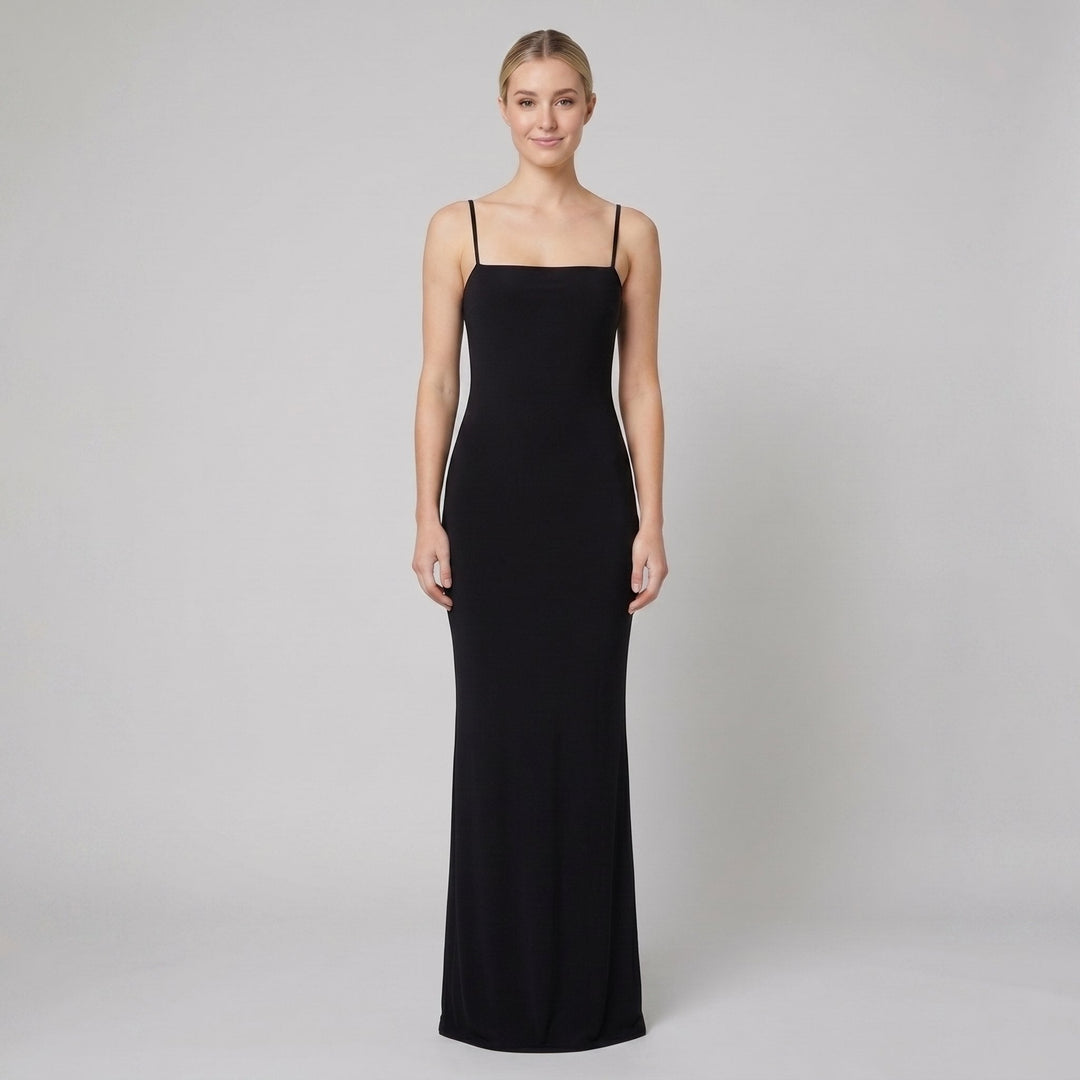 Ombeline square-neck evening gown in black, full length