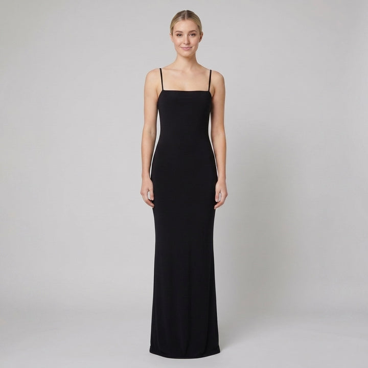 Ombeline square-neck evening gown in black, full length