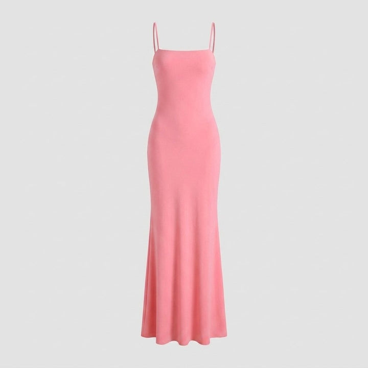 Ombeline evening gown, square neckline and adjustable strap detail