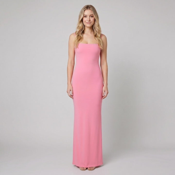 Ombeline square-neck evening gown in pink, full length