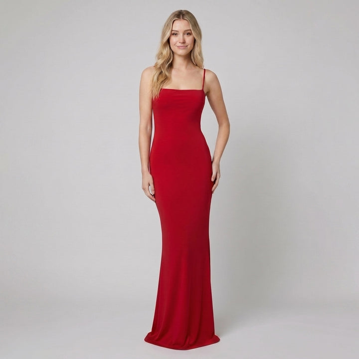 Ombeline square-neck evening gown in red, full length