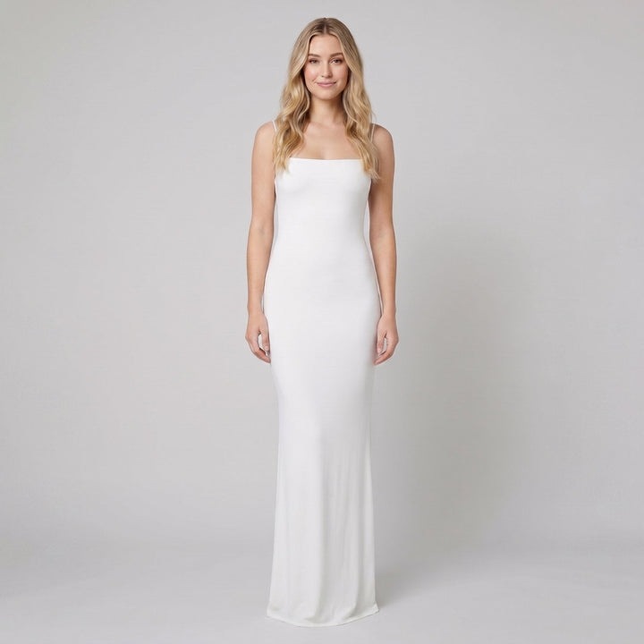Ombeline square-neck evening gown in ivory white, full length