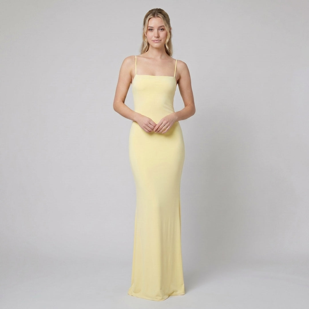 Ombeline square-neck evening gown in pastel yellow, full length