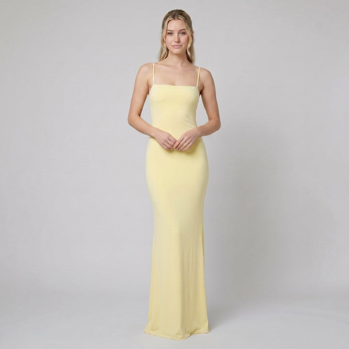 Ombeline square-neck evening gown in pastel yellow, full length