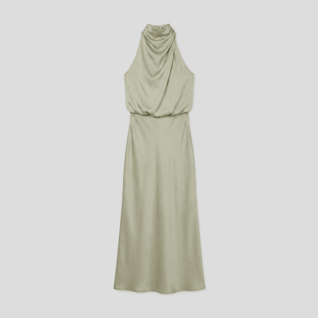 Ombline satin halter gown, flat lay showing the halter neckline