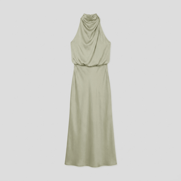 Ombline satin halter gown, flat lay showing the halter neckline
