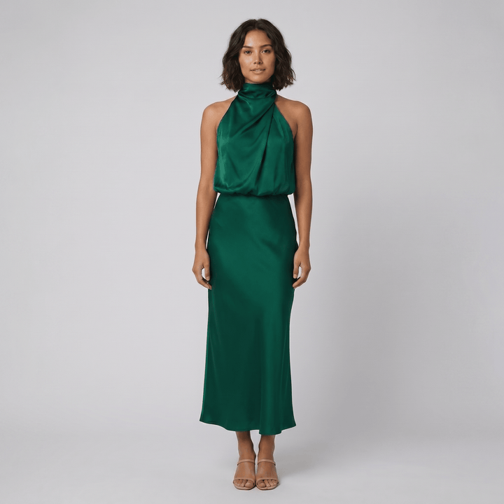 Ombline floor-length satin halter gown in green, on model