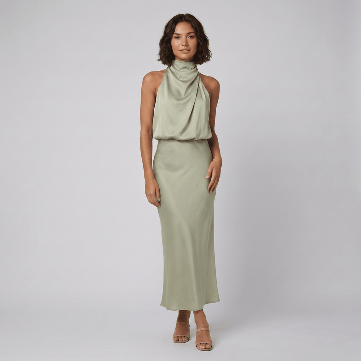 Ombline floor-length satin halter gown in light green, on model