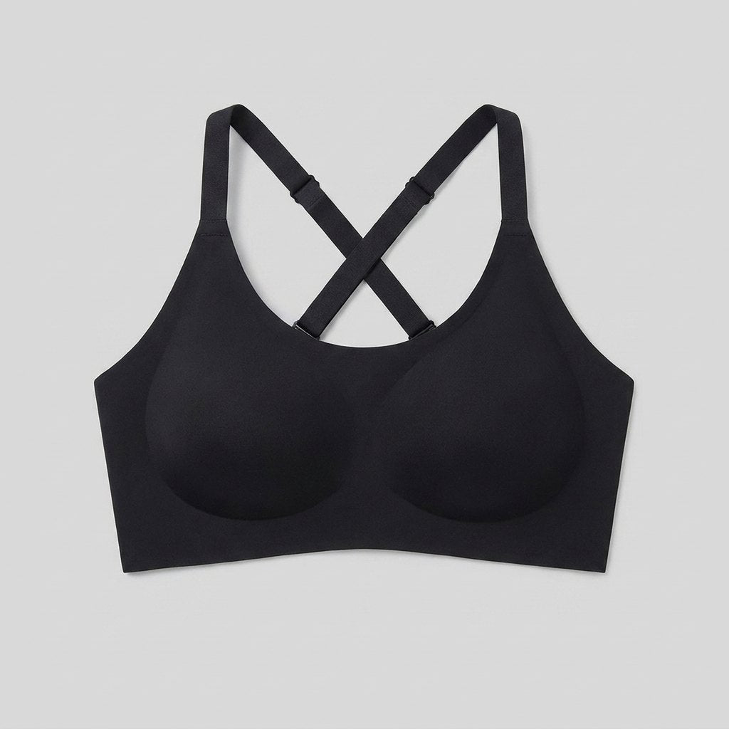 Ophelie sports bra in black, front view on model