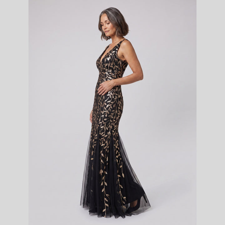 Black and gold sequin fishtail double V-neck evening gown - The store Vancouver