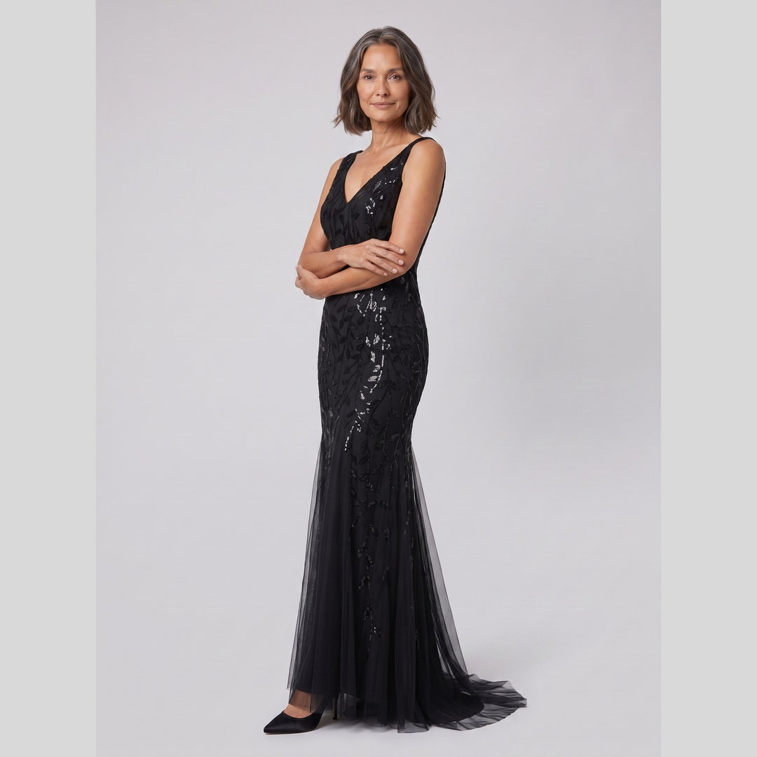 Black sequin fishtail double V-neck evening gown - The store Vancouver