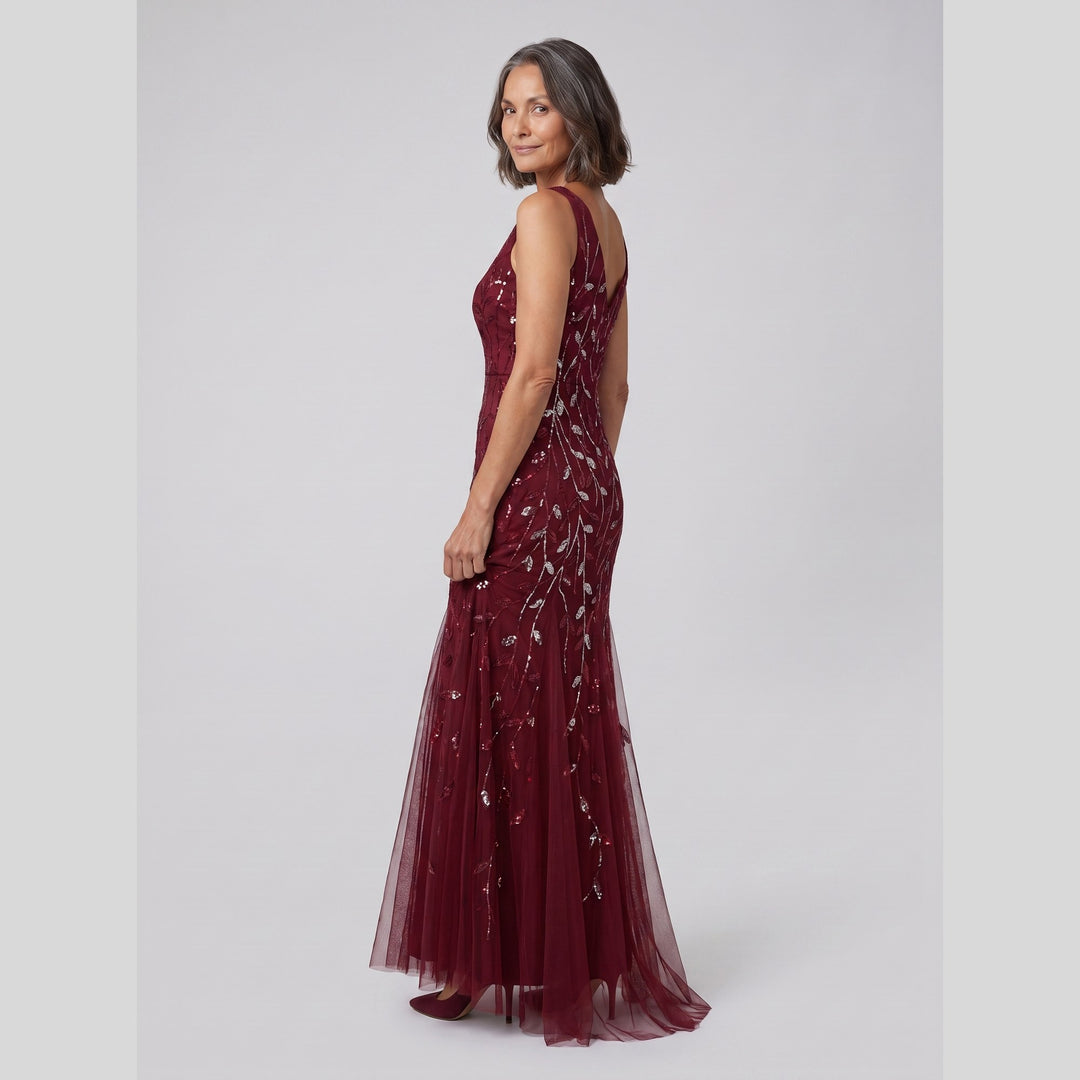 Burgundy sequin fishtail double V-neck evening gown - The store Vancouver