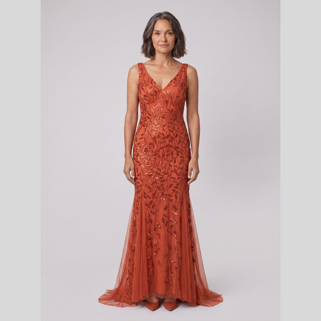 Burnt orange sequin fishtail double V-neck evening gown - The store Vancouver