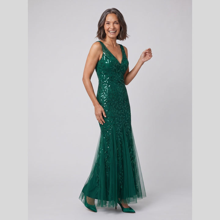 Dark green sequin fishtail double V-neck evening gown - The store Vancouver