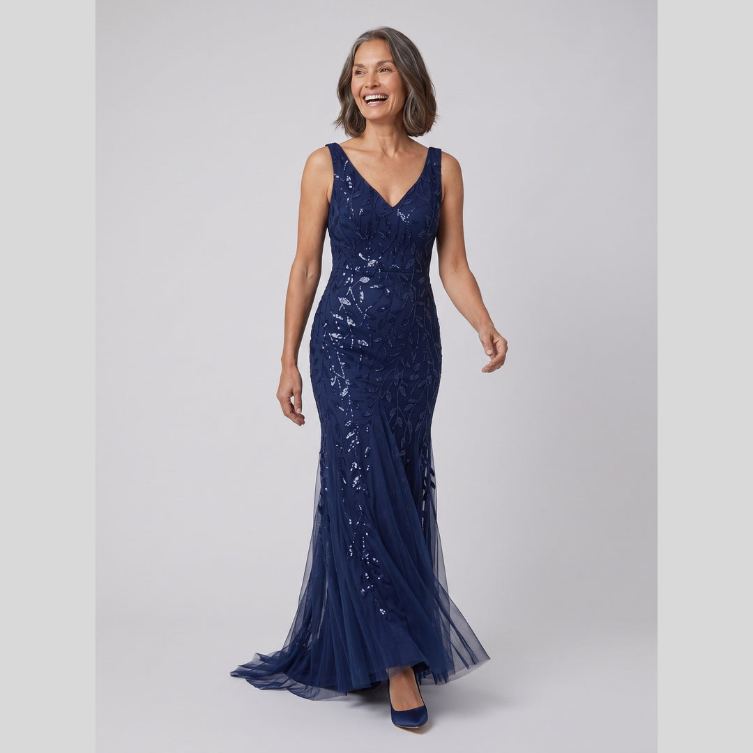 Navy blue sequin fishtail double V-neck evening gown - The store Vancouver