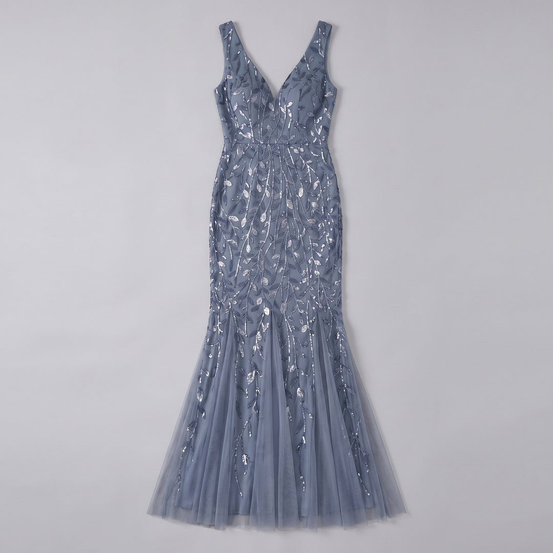 Dusty blue sequin fishtail evening gown flat lay product photo - The store Vancouver