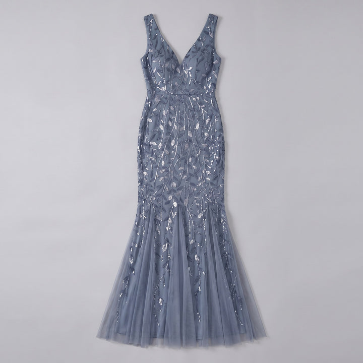 Dusty blue sequin fishtail evening gown flat lay product photo - The store Vancouver