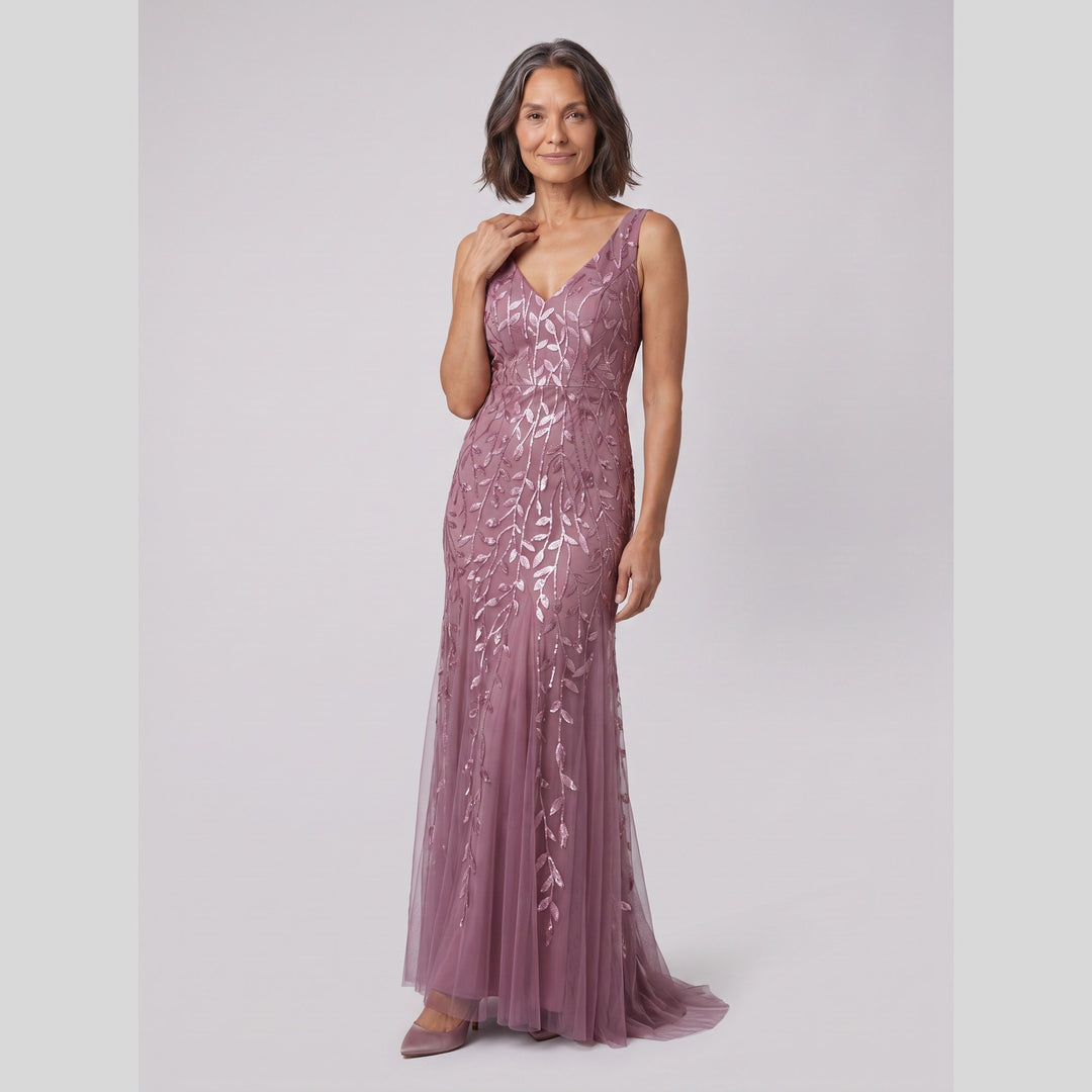 Purple orchid sequin fishtail double V-neck evening gown - The store Vancouver