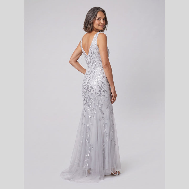 Silver sequin fishtail evening gown back V detail - The store Vancouver