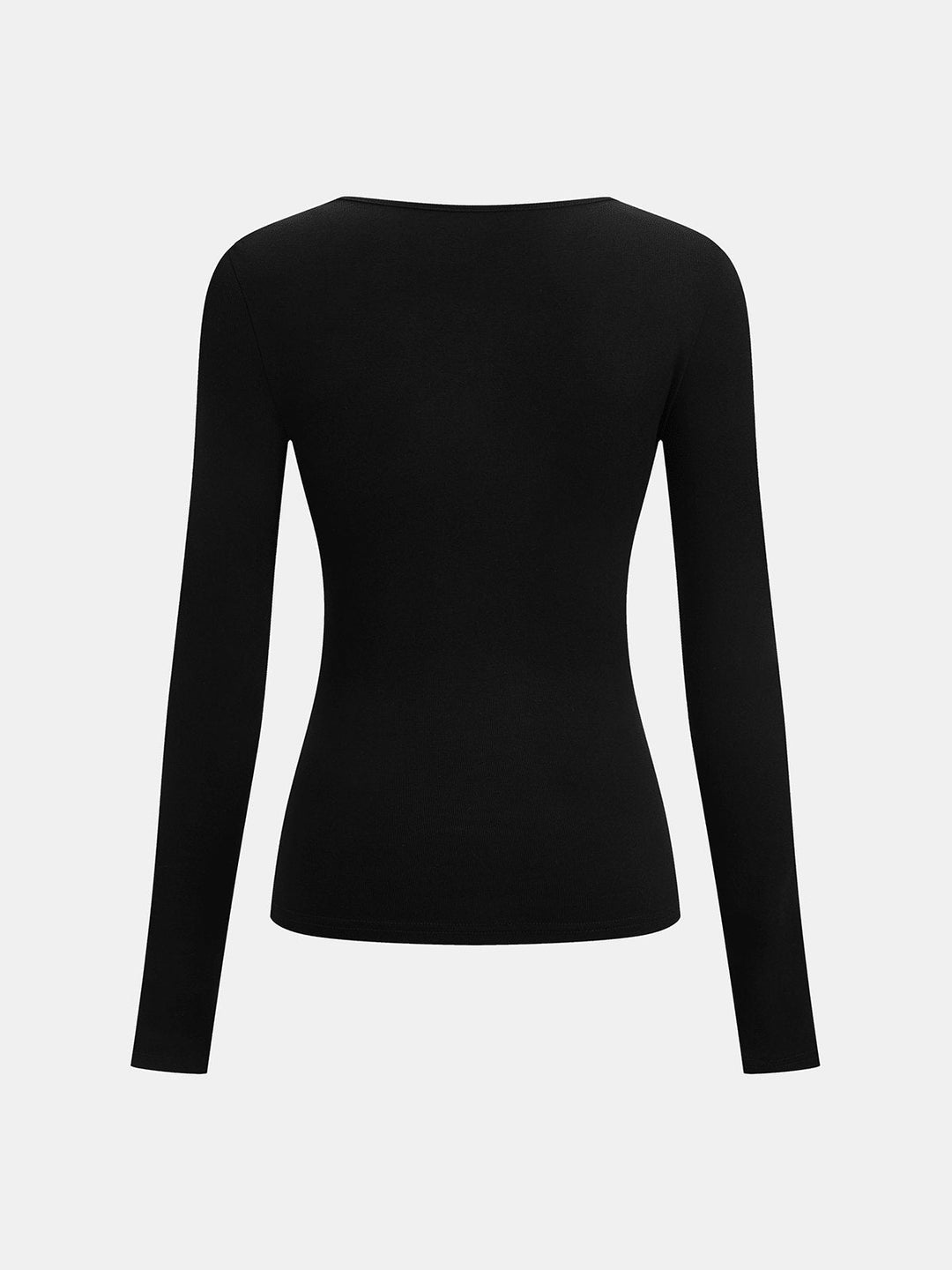 Black asymmetric-neck shirt, back view
