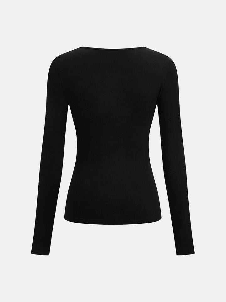 Black asymmetric-neck shirt, back view