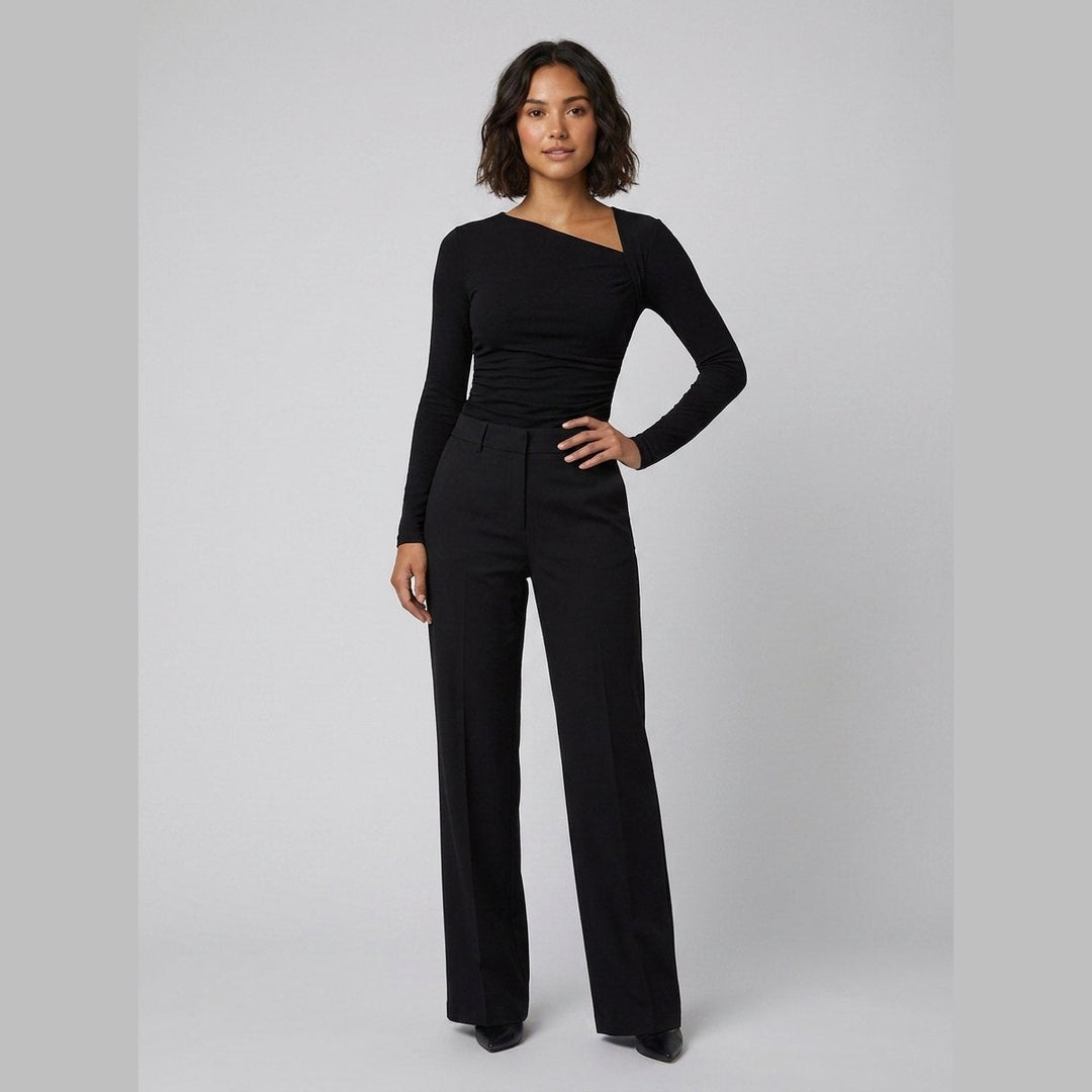 Black asymmetric-neck shirt, slim fit, front view on model
