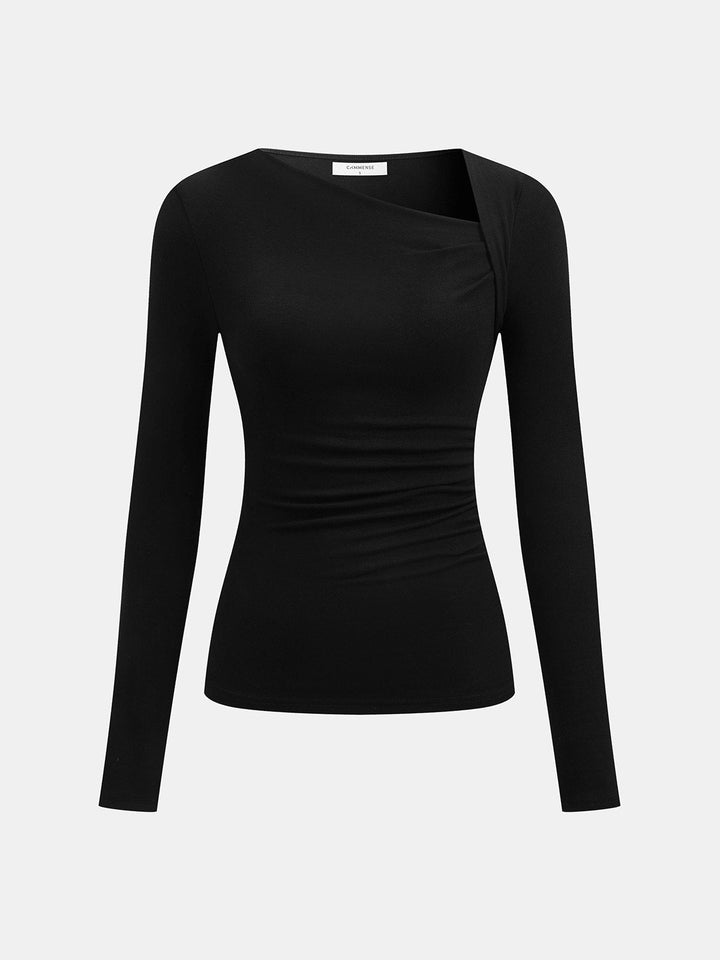 Black asymmetric-neck shirt, flat-lay product photo
