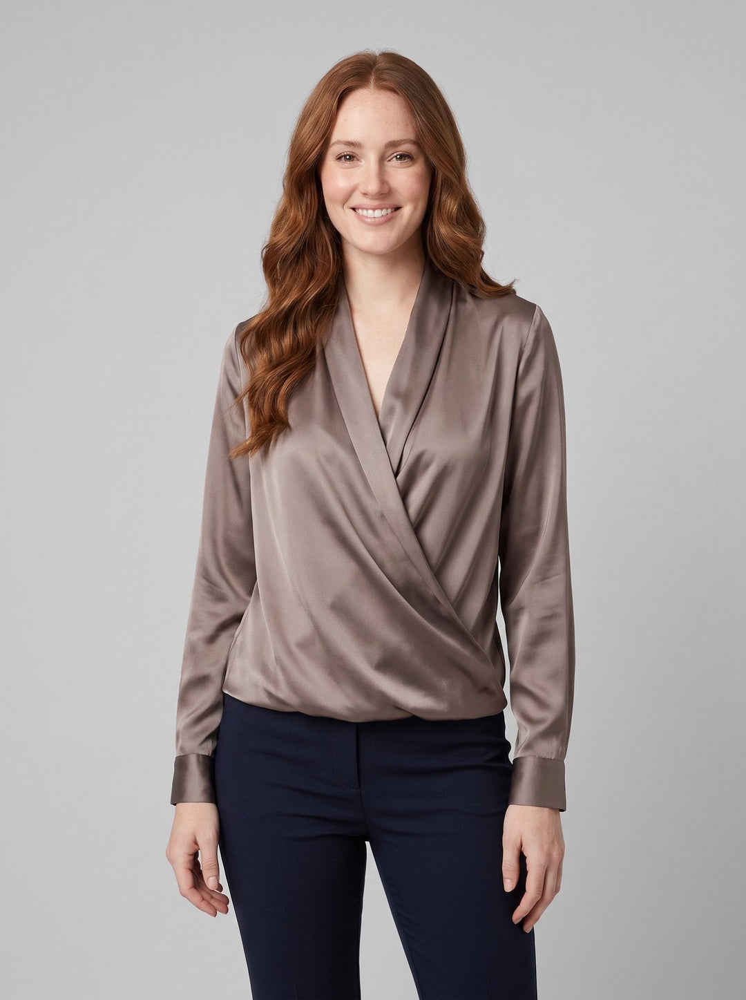 Ottavia satin wrap blouse brown front on model