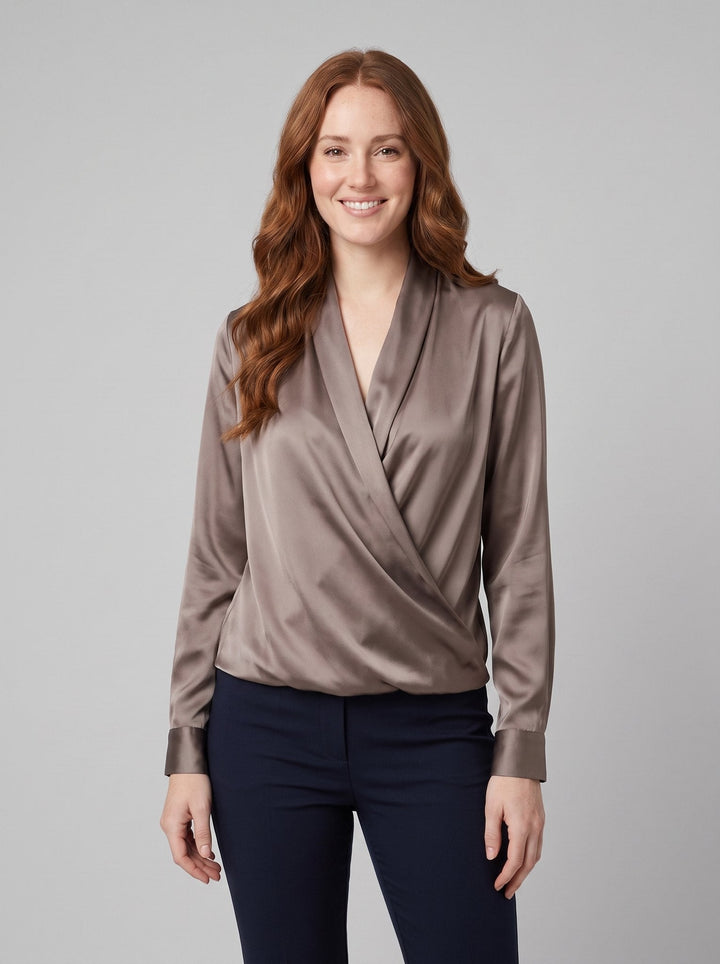 Ottavia satin wrap blouse brown front on model