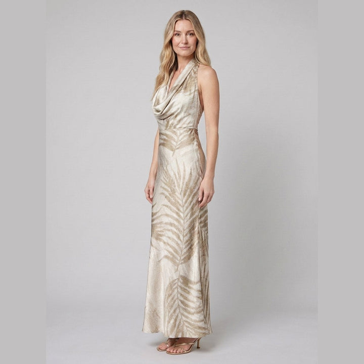 Ottilie tropical print satin maxi dress side view