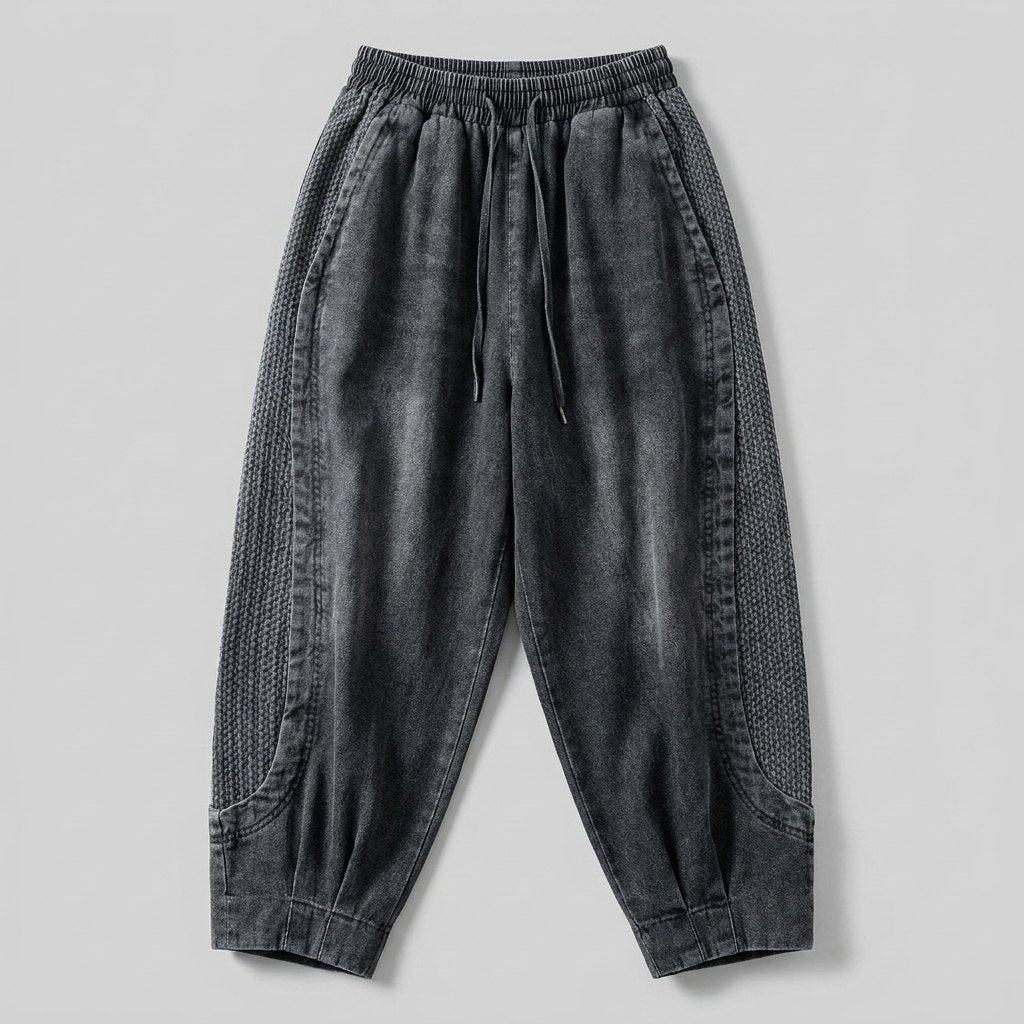 Palo grey patchwork denim harem pants flat-lay front