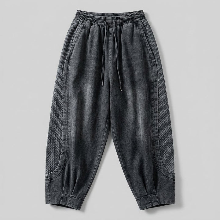 Palo grey patchwork denim harem pants flat-lay front