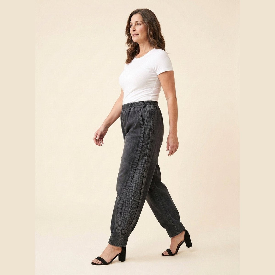 Palo plus-size grey patchwork denim harem pants side view on model