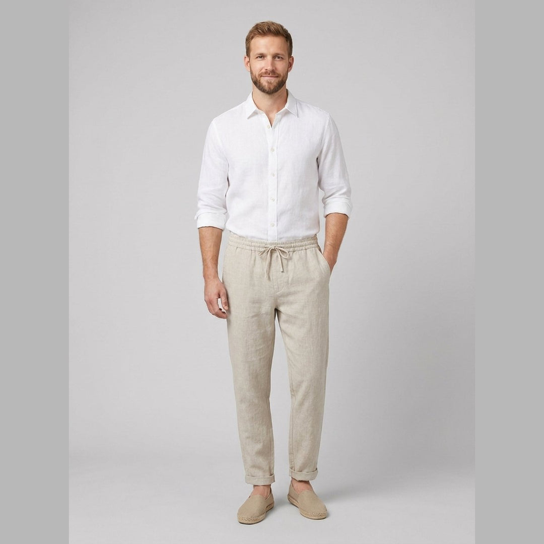 Palo men's natural linen tapered drawstring pants front on model
