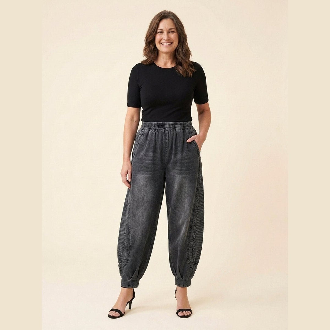 Palo patchwork denim pants in grey, front view on model