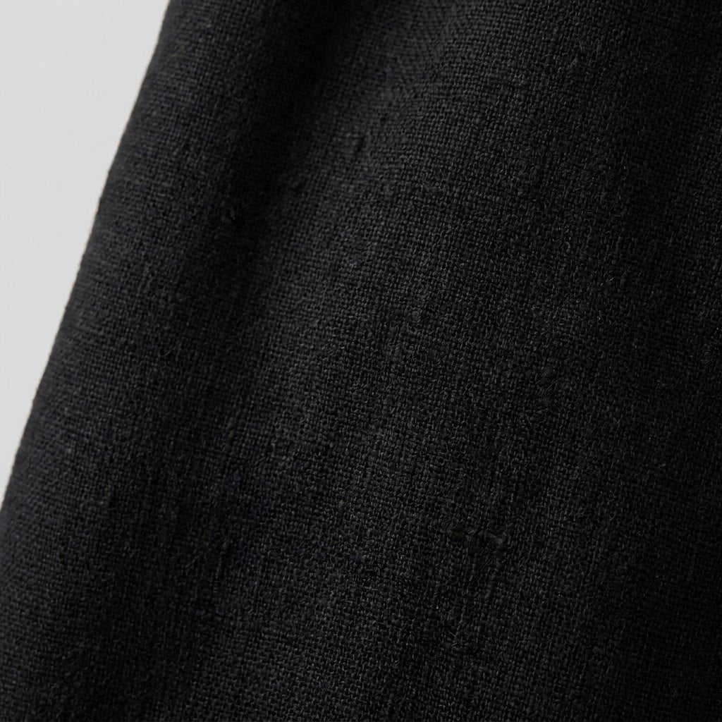 Close-up of the linen-blend fabric and stand collar